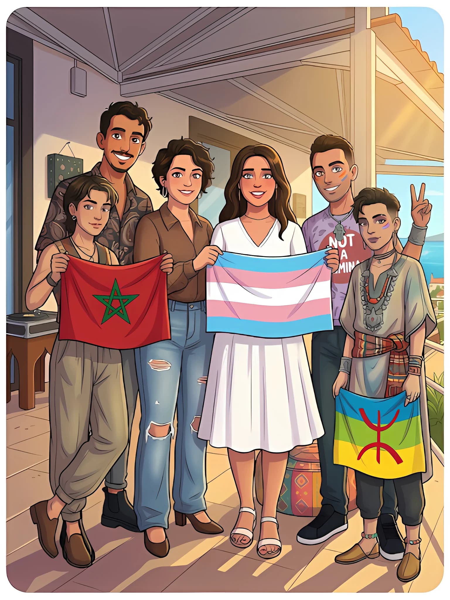 رسم توضيحي: مجموعة من أفراد المجتمع يحملون العلم المغربي وعلم العبور الجندري والعلم الأمازيغي