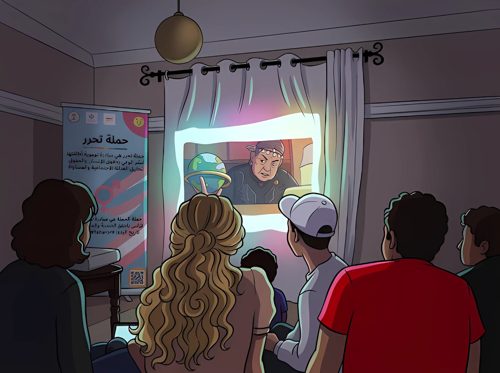 رسم توضيحي: أمسية عرض فيلم يشاهد فيها المشاركون.ات فيلماً معاً